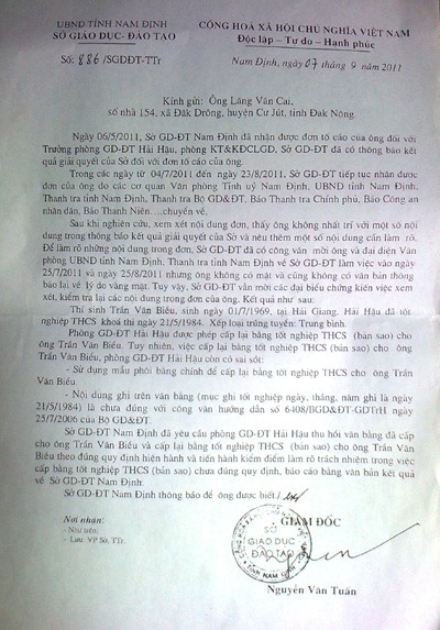 Trong trả lời bằng công văn của ông Giám đốc Sở GD-ĐT Nam Định Trần Văn Tuấn gửi ông Lăng Văn Cai ngày 7/9/2011 đã thừa nhận một số sai sót trong việc cấp lại bằng cho ông Biều.